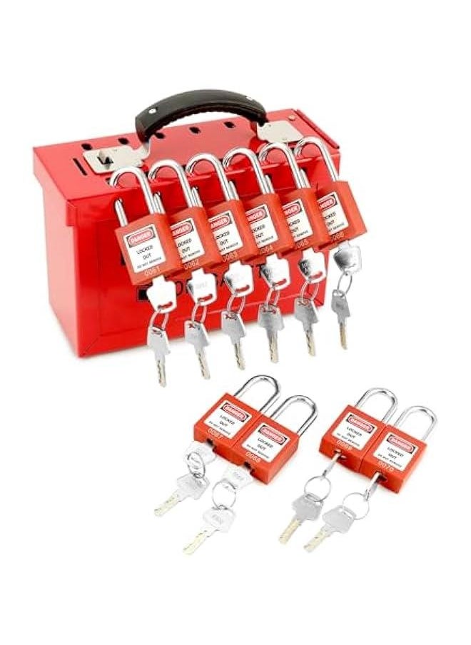 Arabest Lockout Tagout Box Kit, with 10 Keyed Loto Locks, Portable Group Lock Box - 12 Slots, for LOTO Station, Red  - Image 1