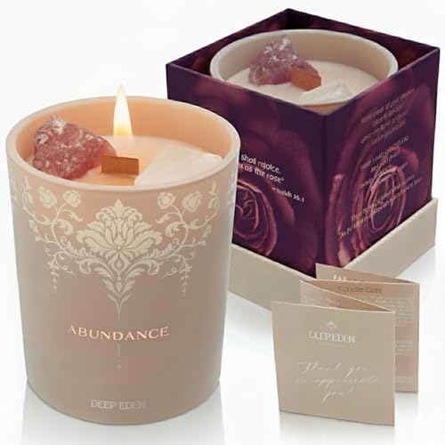 Deep Eden Luxury Crystal Candle for Women Velvet Rose Patchouli Scented Aromatherapy Candle Manifestation Candle with Strawberry and Clear Quartz Crystals 74oz Natural Coconut Soy Wax Wood Wick Candles - Image 2