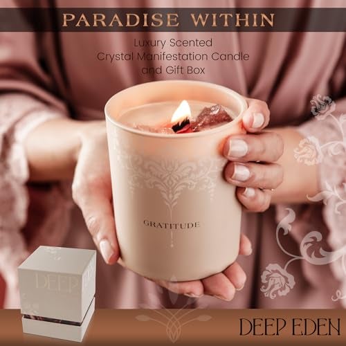 Deep Eden Luxury Crystal Candle for Women Velvet Rose Patchouli Scented Aromatherapy Candle Manifestation Candle with Strawberry and Clear Quartz Crystals 74oz Natural Coconut Soy Wax Wood Wick Candles - Image 5