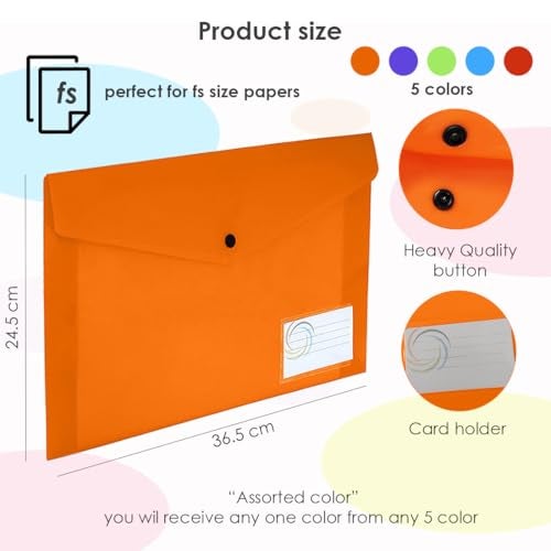 Shuban 10 Pcs Plastic File Folders Set - Fs Letter Size, Snap Closure, Waterproof and Organizer Bags for School, College, Hospital, and Office Use(Mix Color), Clear - Image 4