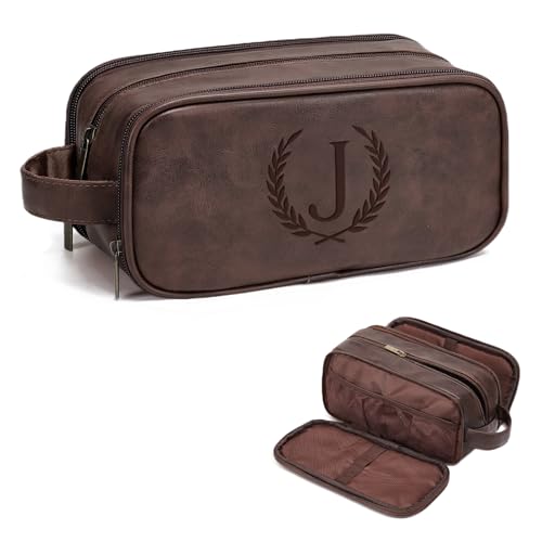 Janhavi Personalized Toiletry Bag for Men Gifts for Boyfriend Toiletry Bag For Shower CaddyPersonalized Initials Wheat Mens Toiletry Travel Bag Travel Essentials for MenMedium Dark Brown J - Image 1