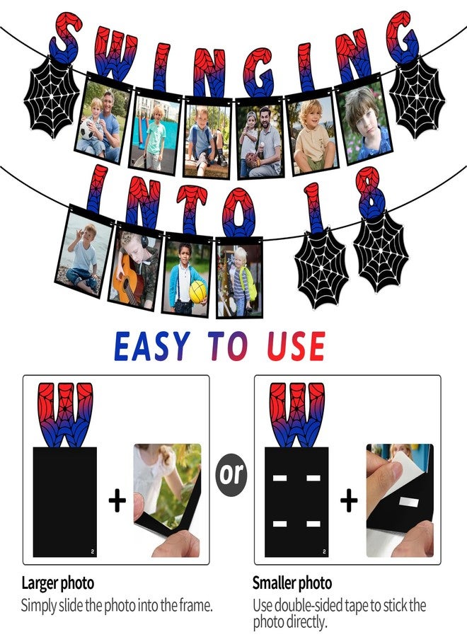 DISENB Spider Themed Photo Banner, Customizable Age "Swing Into" Birthday Banner (0-22 Years) with Photo Frames 0-9 Numbers, Superhero Party Decorations for Boys - Image 3