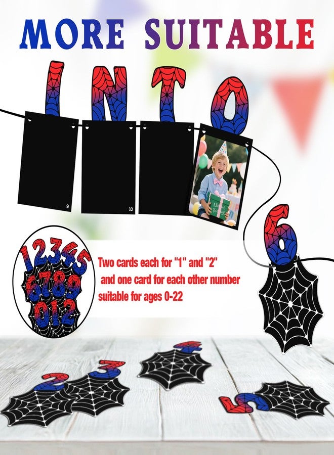 DISENB Spider Themed Photo Banner, Customizable Age "Swing Into" Birthday Banner (0-22 Years) with Photo Frames 0-9 Numbers, Superhero Party Decorations for Boys - Image 4