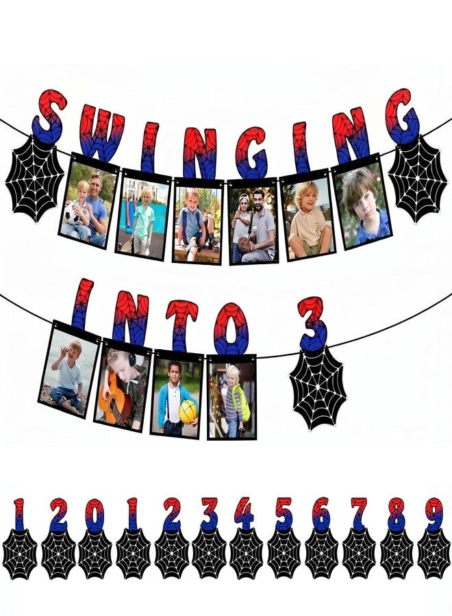DISENB Spider Themed Photo Banner, Customizable Age "Swing Into" Birthday Banner (0-22 Years) with Photo Frames 0-9 Numbers, Superhero Party Decorations for Boys - Image 1