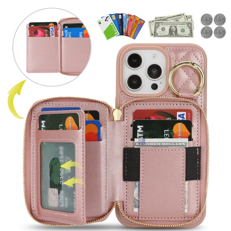 Hamany for iPhone 14 pro max Case Wallet with Card Holder,for iPhone 14 pro max Phone case Wallet with Zipper with Slot Kickstand Stand Case for Women and Man 5G 6.7 Inch-Rose Gold - Image 4
