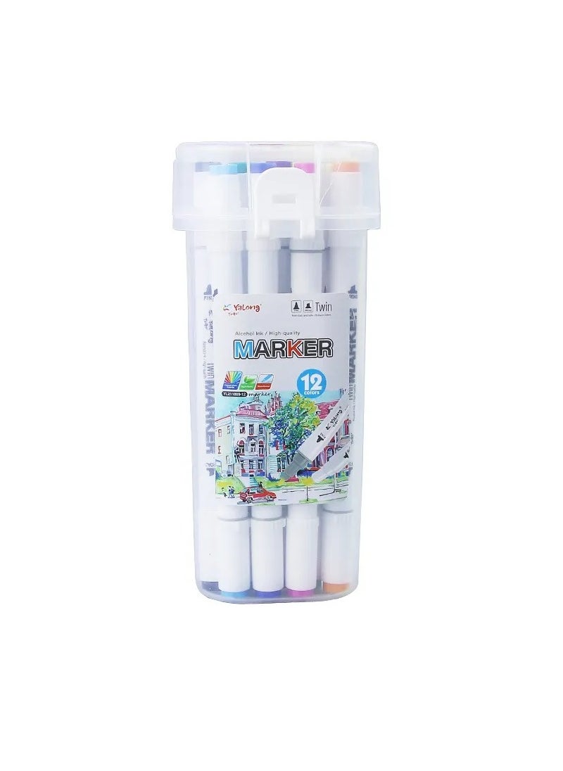 YALONG - 12 Colour Dual Tip Ink Marker pens High Quality Barrel Smooth - Image 1