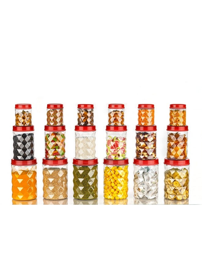 Tosaa Plastic Pet Storage Jar and Container Set of 18 (6 x 120ml, 6 x 650ml, 6 x 1.20ltrs), Red, Air Tight, Kitchen Organiser, BPA Free, Stackable - Image 1