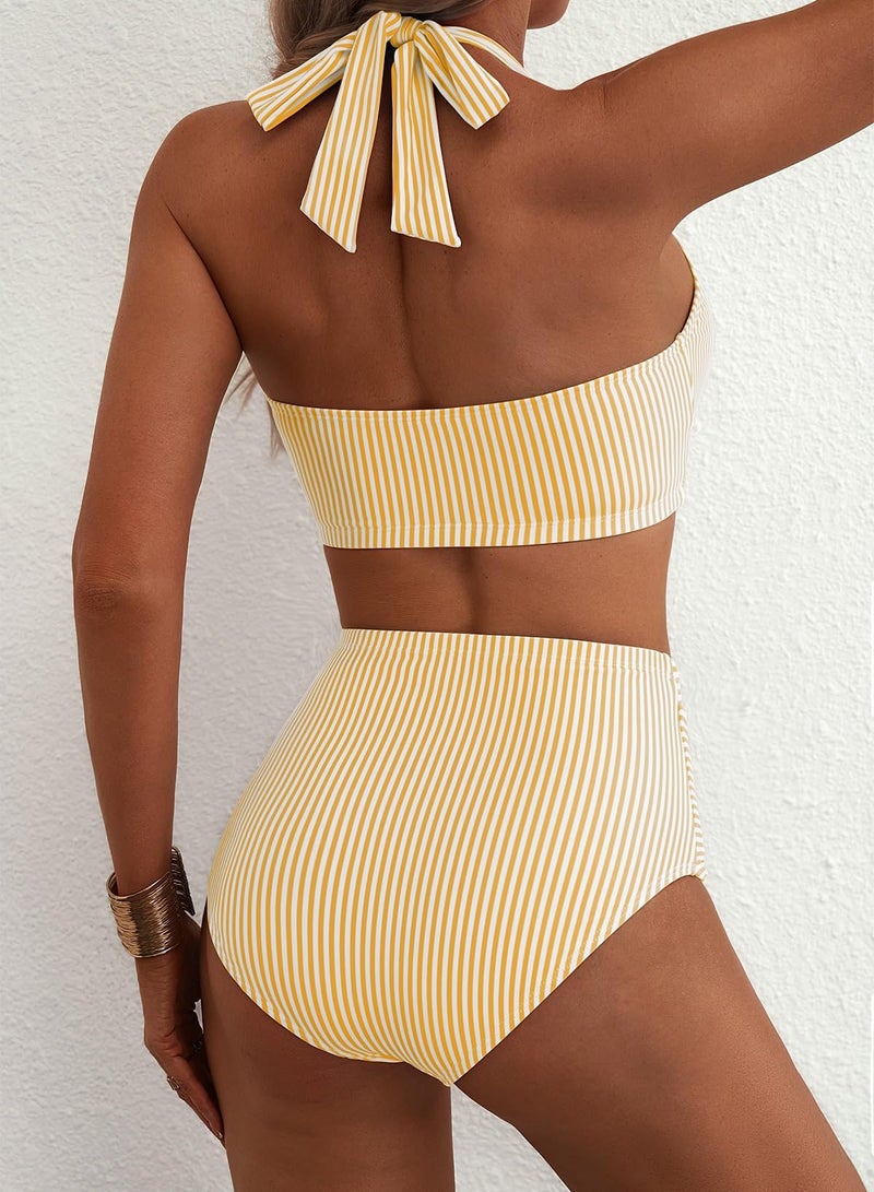 Herseas Women's High Waisted Two Piece Bikini Sets Halter Patch Pocket Removable Pad 2026 Summer Swimsuit Striped Twist Front Bathing Suits Chic Resort Essentials Yellow Stripe Large - Image 2