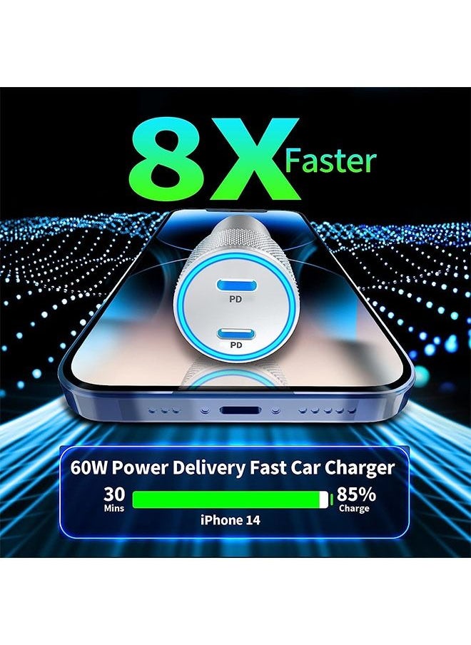 Generic - iPhone Fast Car Charger, 60w Dual USB C Power Delivery All Metal Rapid Car Charger Adapter with 2pack Type C to Lightning Cord Quick Car Charging for iPhone/Ipad/Airpods - Image 1