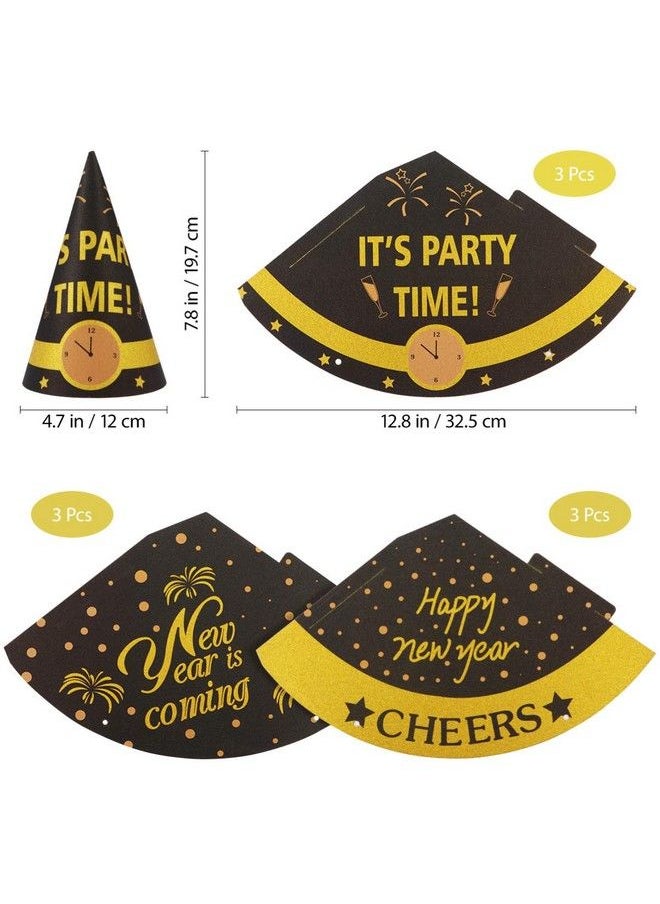 Amosfun - Happy New Year Party Hats Fancy New Year Paper Cone Hat Cheers New Year Party Favors For New Years Eve Party Decorations Pack Of 9 Blackgold - Image 1