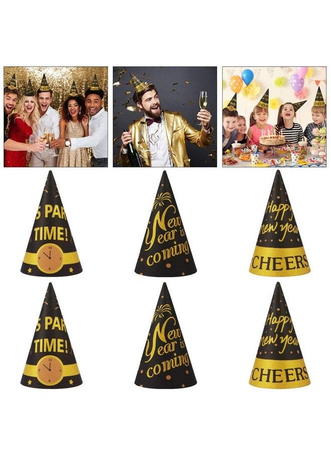 Amosfun - Happy New Year Party Hats Fancy New Year Paper Cone Hat Cheers New Year Party Favors For New Years Eve Party Decorations Pack Of 9 Blackgold - Image 1