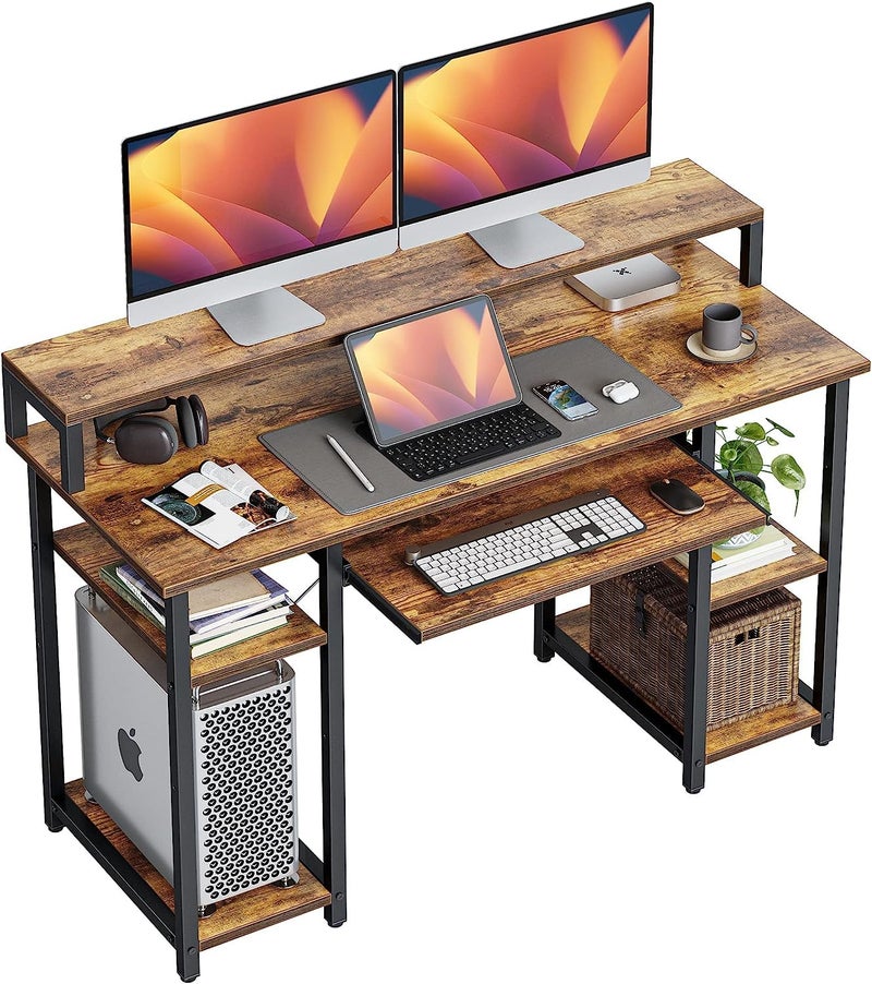 CubiCubi Computer Desk with Keyboard Tray 47 Inch Office Desk with Monitor Stand and Storage Shelves Music Studio Desk Workstation Work Table for Home Office Rustic Brown
