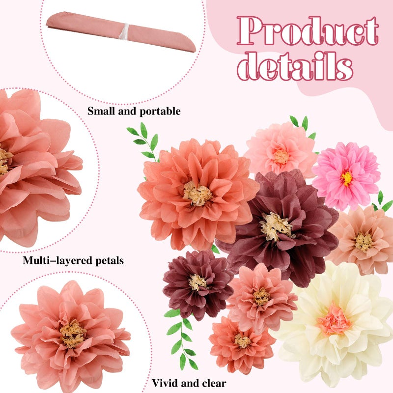 Geyee 18 Pcs Mexican Paper Flowers Colorful Fiesta Tissue Paper Flowers Pom Poms Mexican Carnival for Floral Party Backdrop Wedding Birthday Party Craft, 6" 8" 10"(Vintage Color) - Image 3