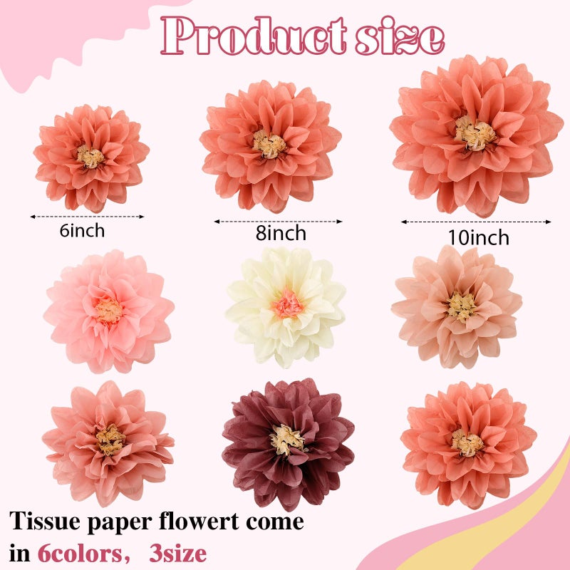 Geyee 18 Pcs Mexican Paper Flowers Colorful Fiesta Tissue Paper Flowers Pom Poms Mexican Carnival for Floral Party Backdrop Wedding Birthday Party Craft, 6" 8" 10"(Vintage Color) - Image 2