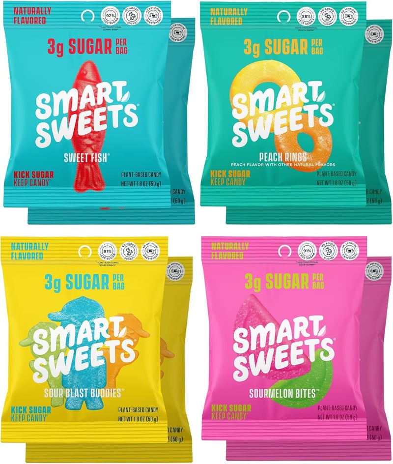 SmartSweets Variety Pack - Low Sugar Gummy Candy (Pack of 8) Featuring Sweet Fish, Sourmelon Bites, Peach Rings, and Sour Blast Buddies - Image 1