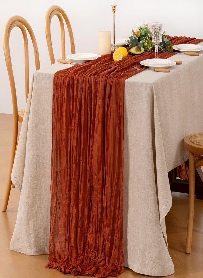 MLMW Burnt Orange Cheesecloth Table Runner 12pcs Boho Rustic Cheese Cloth Sheer Terracotta Table Runners 22×120 inch 10FT for Wedding Baby Brial Shower Birthday Party Home Table Decor - Image 1