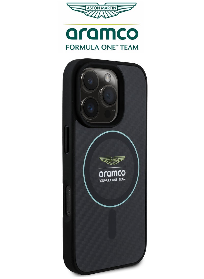 CG MOBILE iPhone 16 Pro case with strong back protection for the mobile phone. iPhone 16 Pro mobile phone case made of strong and luxurious carbon fiber. iPhone 16 Pro cover with a luxurious French design. Original cover iphone 16 pro certified by the global brand Aston Martin (Aramco). Mobile iphone cover supports wireless charging MagSafe. Black  - Image 4