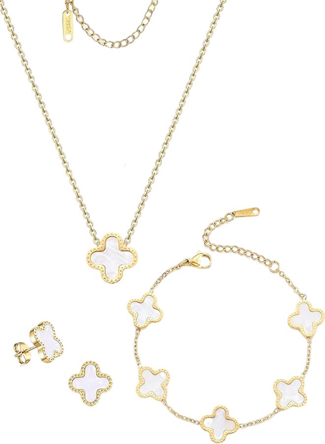 Women's 3pcs Jewelry Set Four Leaf Clover Necklace Earring Bracelet Set 18K Gold Plated Double-sided Lucky Jewelry Set as Gift for Women & Ladies(White) - Image 1