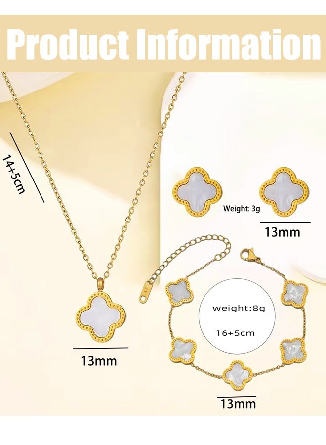 Women's 3pcs Jewelry Set Four Leaf Clover Necklace Earring Bracelet Set 18K Gold Plated Double-sided Lucky Jewelry Set as Gift for Women & Ladies(White) - Image 2