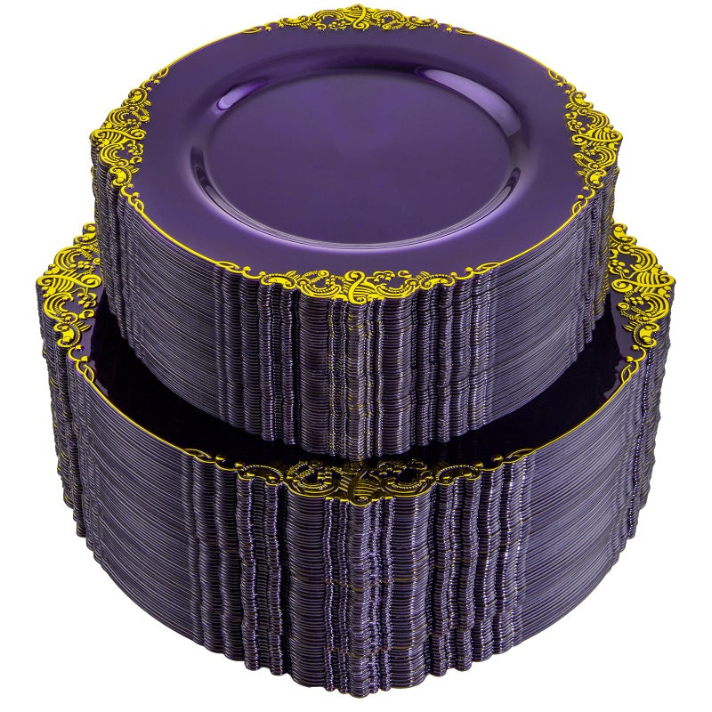 Joyido 102PCS Purple and Gold Plastic Plates  High End Purple Disposable Plate  Vintage Party Dinner  Dessert Plates for 51 Guests Graduation  Wedding  Party