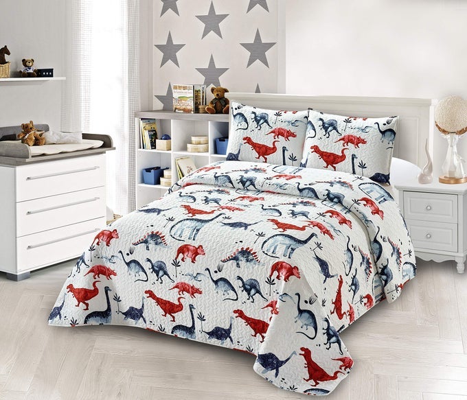 COLLECTION BEDSPREAD COVERLET KIDSTEENS DINOSAUR RHINO ANCIENT WHITE BLUE RED NEW DINOSAUR ONE TWIN