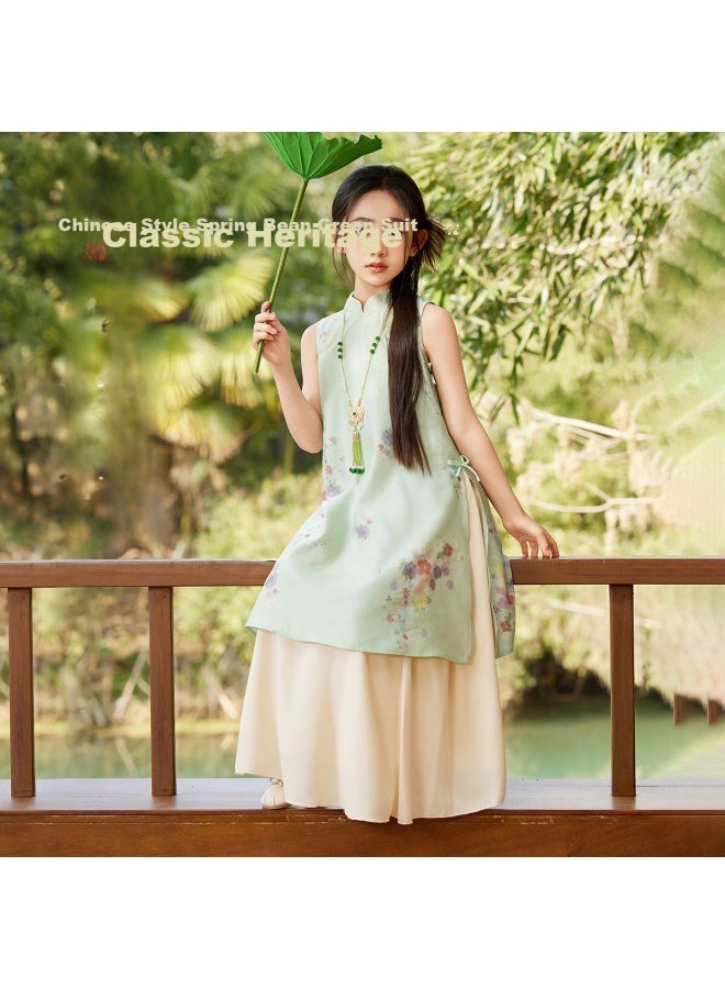 Ask Junior Chinese Style New Chinese Style Suit Girls Summer Children'S Vest Dress Horse Face Dress Two Pieces Green 140 - Image 1