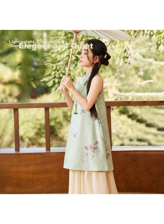 Ask Junior Chinese Style New Chinese Style Suit Girls Summer Children'S Vest Dress Horse Face Dress Two Pieces Green 140 - Image 3