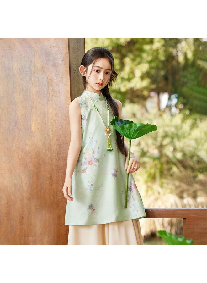 Ask Junior Chinese Style New Chinese Style Suit Girls Summer Children'S Vest Dress Horse Face Dress Two Pieces Green 140 - Image 2