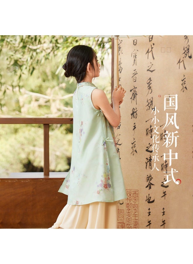 Ask Junior Chinese Style New Chinese Style Suit Girls Summer Children'S Vest Dress Horse Face Dress Two Pieces Green 140 - Image 4