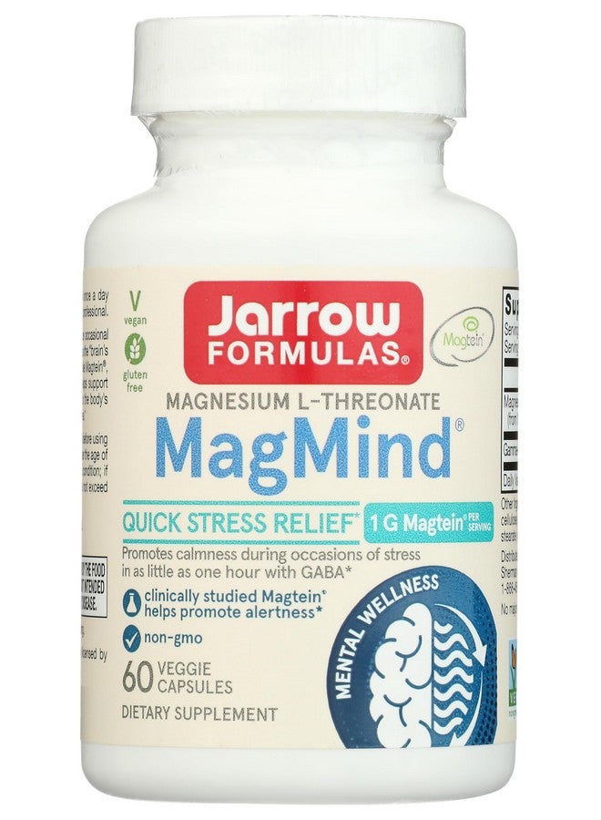 Jarrow Formulas Magnesium L-Threonate, MagMind Quick Stress Relief, Dietary Supplement Featuring GABA, 60 Capsules, Up to a 30 Day Supply