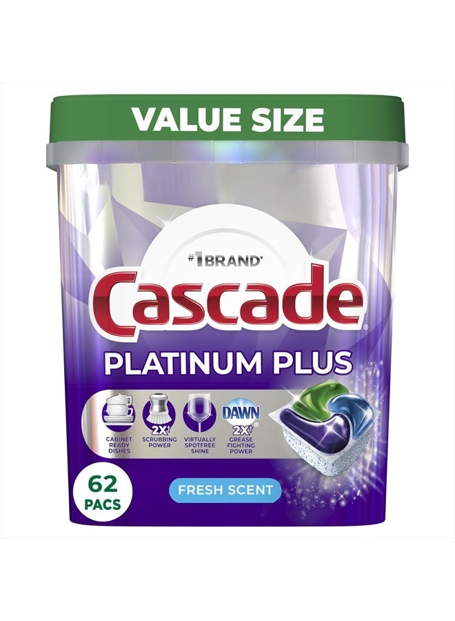 Cascade Platinum Plus ActionPacs Dishwasher Detergent Pods, Fresh, 62 Count  - Image 1