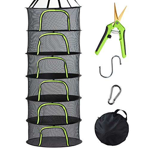 PROTITOUS 6 Tier Black Mesh Zippered Herb Drying Rack Hanging Dryer Dry Net with Pruning Shear for Hydroponics - Image 1