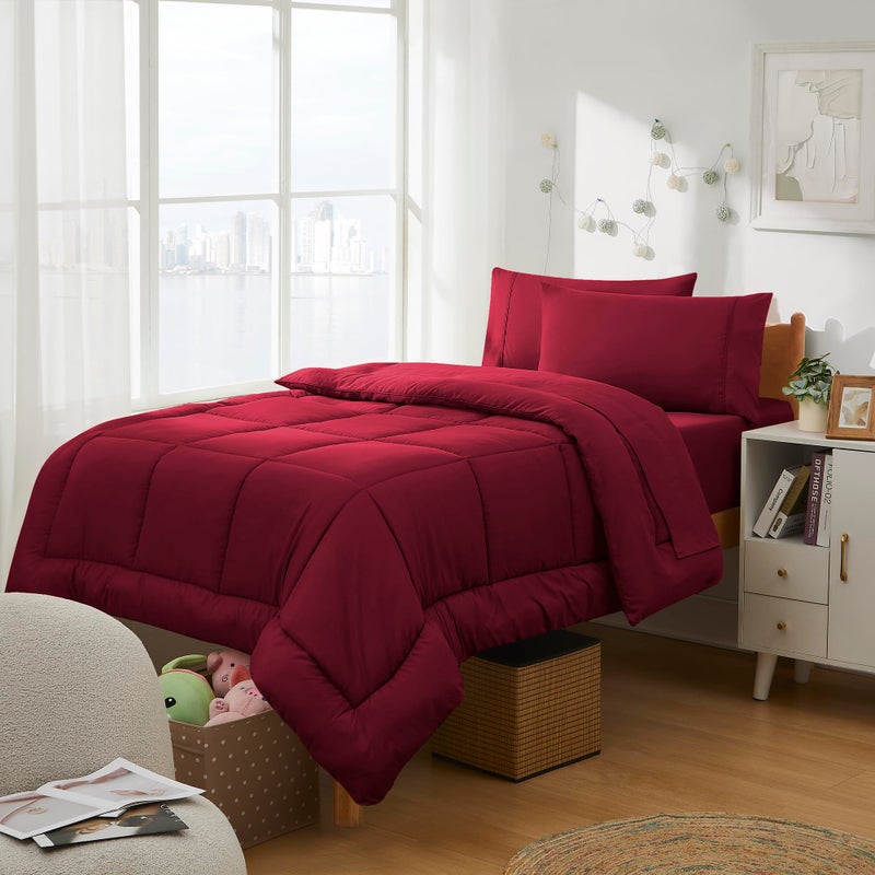 Dorm Room Essentials College Bedding Comforter Set 7 Piece Full Size Bed in a Bag for College Students Boys and Girls Full Red