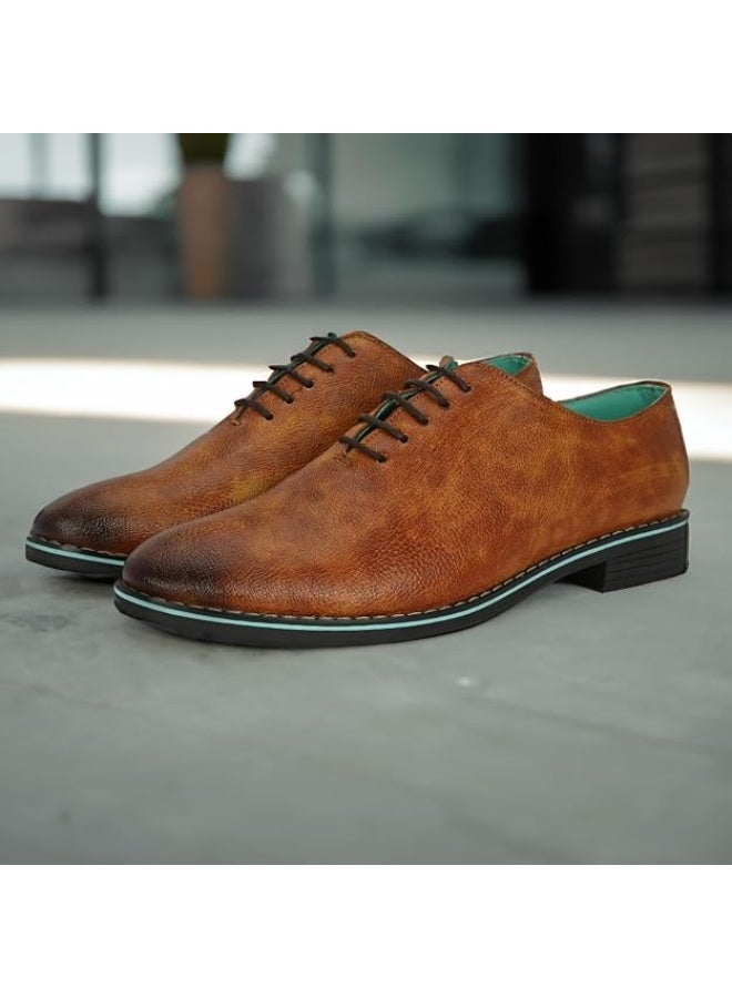 NOAK Handcrafted TAN Litchi Grain Vegan Leather Whole Cut Oxford Shoe - Image 3