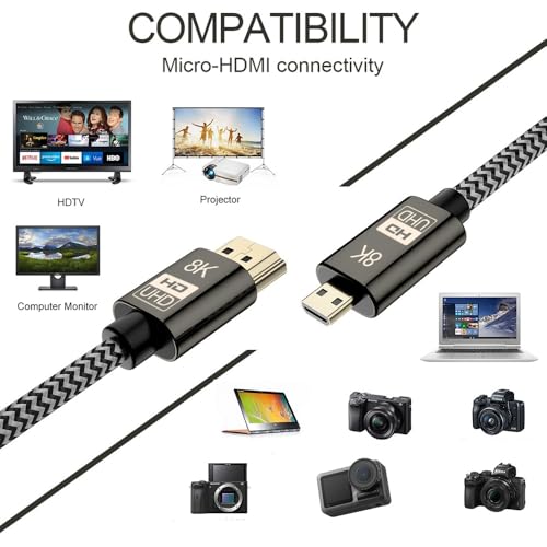 xiwai Micro HDMI to HDMI 2.1 Ultra-HD UHD 8K 60hz 4K 120hz Cable 48Gbs HDMI Cord for Camera Tablet (1.5m) - Image 4
