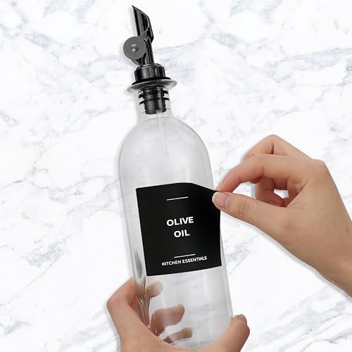 Spaceneat Olive Oil Dispenser Bottle - Includes 55 Kitchen Essential Labels - Cooking Oil Bottles for Kitchen, Coffee Syrup Dispenser - Pourer Spout with 16.9 fl oz Glass Container Cruet - 2pcs, Black - Image 3