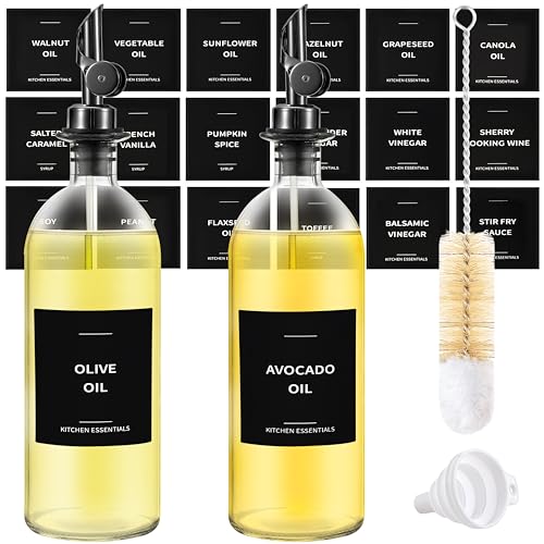 Spaceneat Olive Oil Dispenser Bottle - Includes 55 Kitchen Essential Labels - Cooking Oil Bottles for Kitchen, Coffee Syrup Dispenser - Pourer Spout with 16.9 fl oz Glass Container Cruet - 2pcs, Black - Image 1