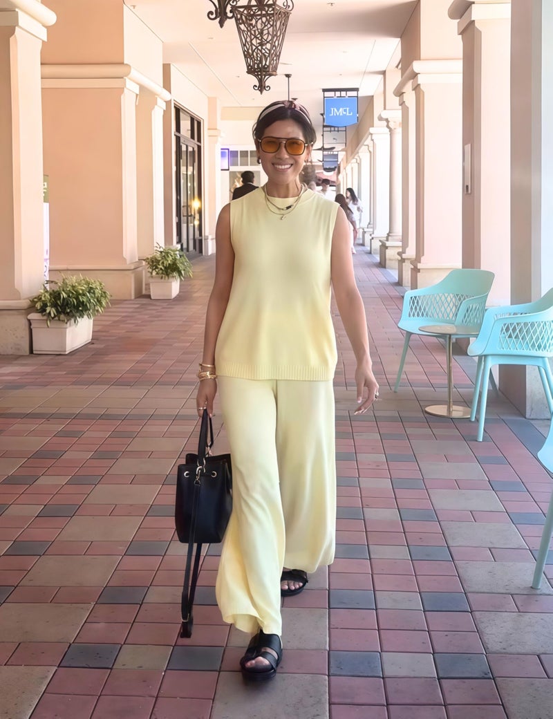 PUWEI Women's 2 Piece Lounge Set Bow Sweater Vest Wide Leg Pants Summer Matching Sets Travel Outfits Knit Tracksuit Sweatsuits (Yellow-M) - Image 3