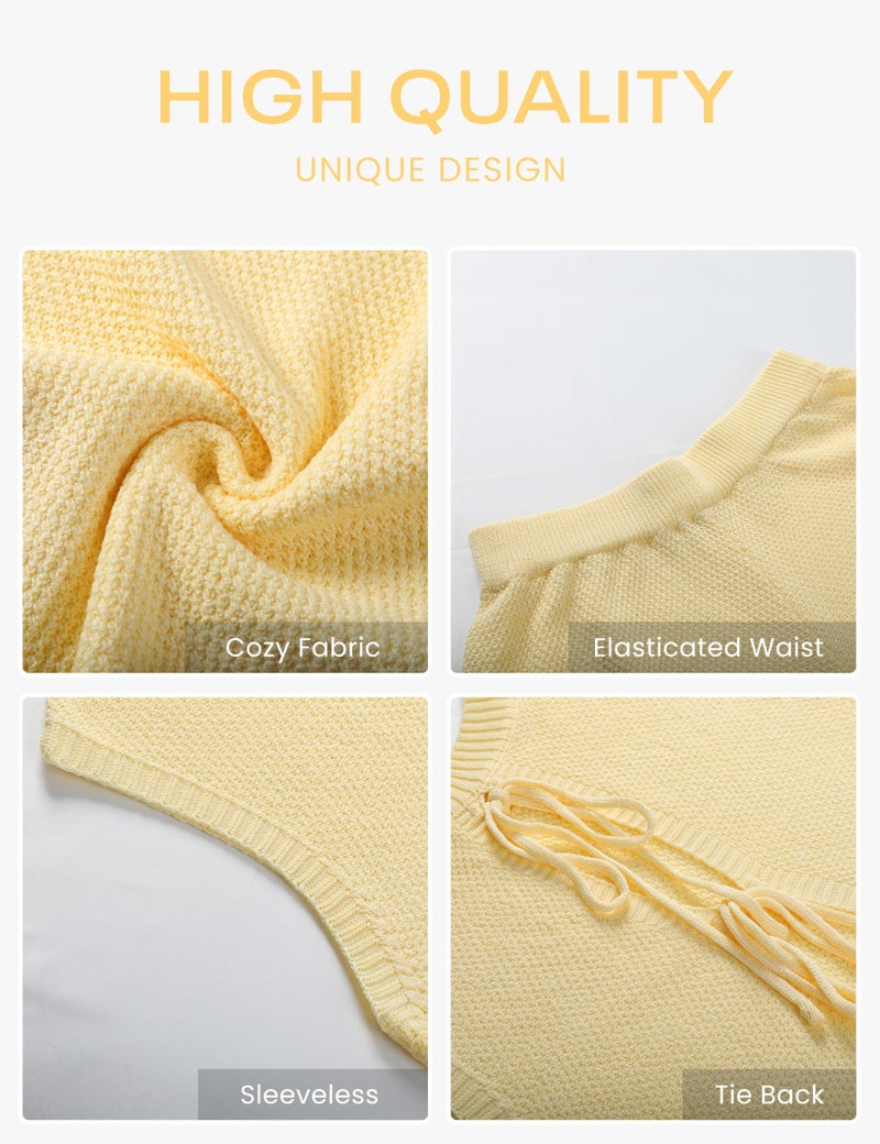 PUWEI Women's 2 Piece Lounge Set Bow Sweater Vest Wide Leg Pants Summer Matching Sets Travel Outfits Knit Tracksuit Sweatsuits (Yellow-M) - Image 2