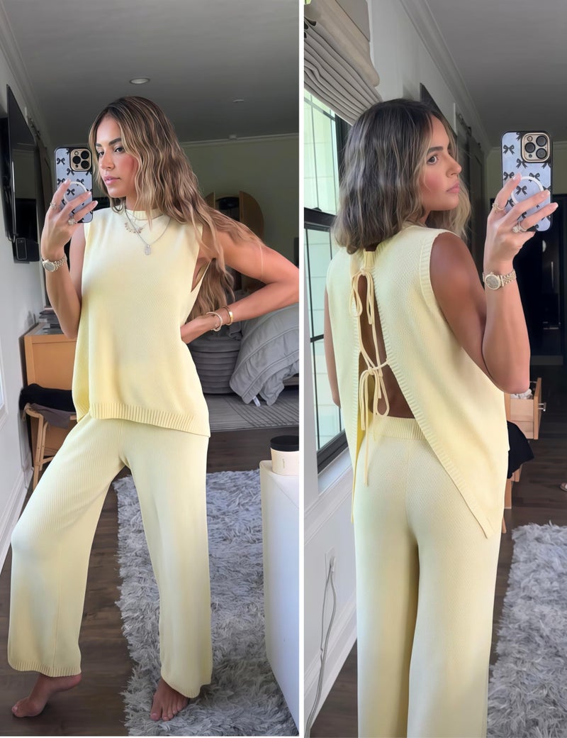 PUWEI Women's 2 Piece Lounge Set Bow Sweater Vest Wide Leg Pants Summer Matching Sets Travel Outfits Knit Tracksuit Sweatsuits (Yellow-M) - Image 4