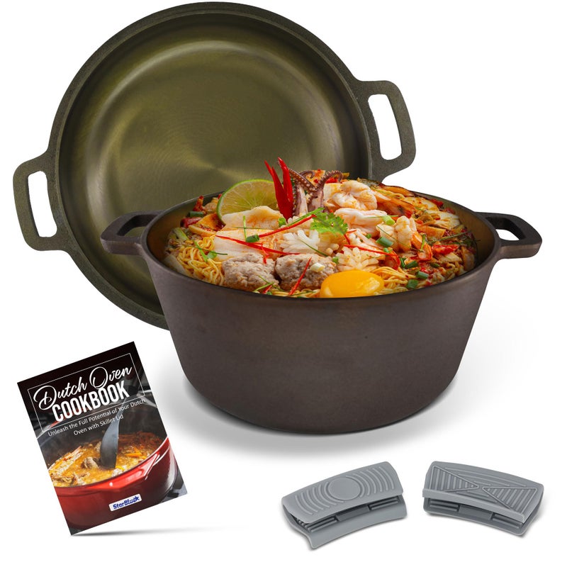 Smooth and Polished Cast Iron Dutch Oven by StarBlue 5 qt Cast Iron with 10 Inches Diameter 2 in 1 Multipurpose Skillet and Pot for NonStick Cooking
