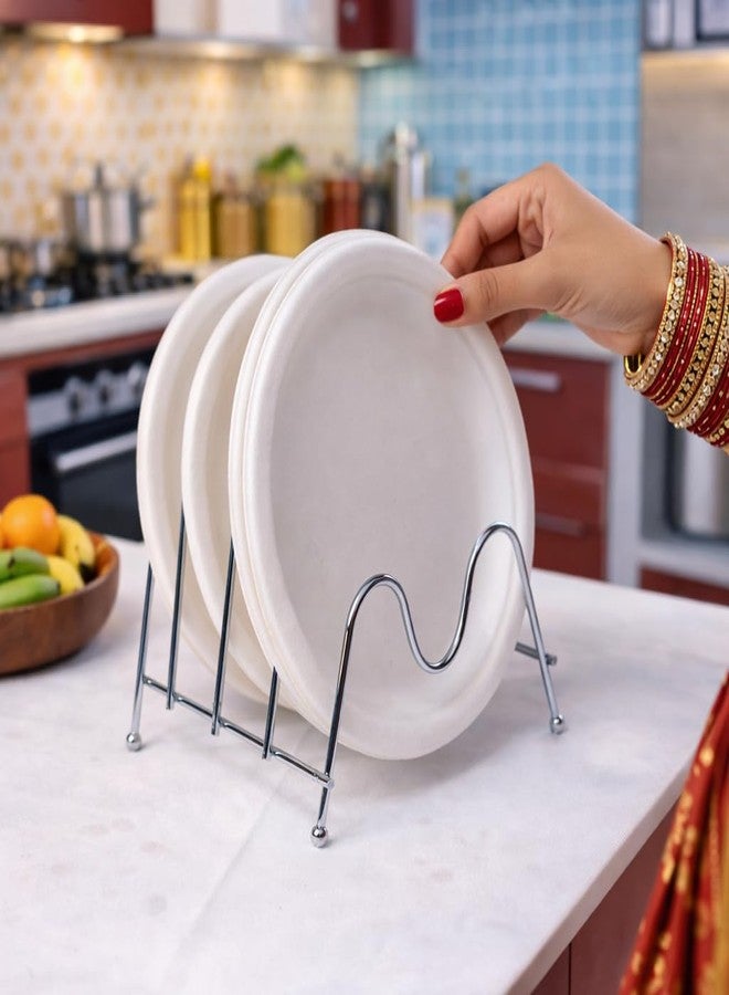 DecorTwist Stainless Steel Plate Stand - Pack of 1 Dish Rack Plate Holder Organizer Rack for Cabinet Countertop Thali Holder Steel Dish Drying Stand Space Saving Storage Rack Chrome Finish - Image 3