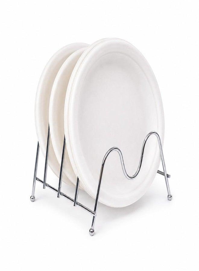 DecorTwist Stainless Steel Plate Stand - Pack of 1 Dish Rack Plate Holder Organizer Rack for Cabinet Countertop Thali Holder Steel Dish Drying Stand Space Saving Storage Rack Chrome Finish - Image 1