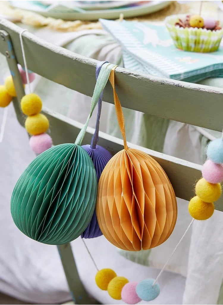 Talking Tables Talking Tables Honeycomb Easter Eggs Decorations-Pack of 3 Paper Baubles for Tree in Green, Yellow & Purple, Small Size  - Image 1