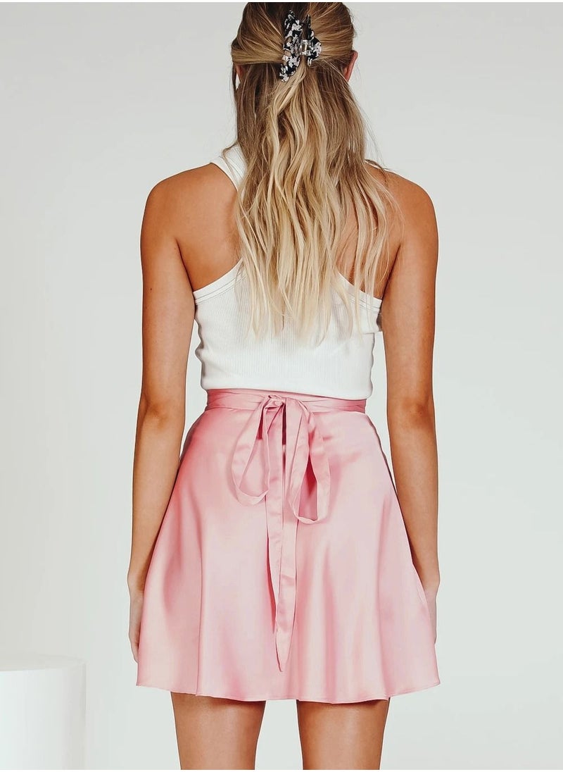 إسكدنيا Women's Summer Wrap High Waist Solid Color Ruffle Short Mini Skirts Pink  - Image 2