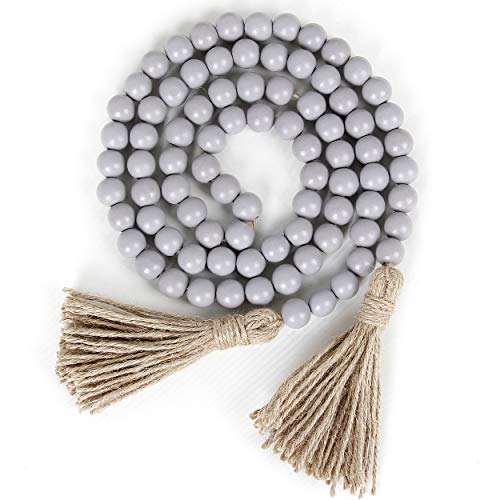 RAMIRABI 58in Wood Bead Garland with Tassels, Farmhouse Rustic Country Decor Prayer Boho Wall Hanging Decoration (Gray) - Image 1