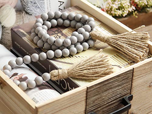 RAMIRABI 58in Wood Bead Garland with Tassels, Farmhouse Rustic Country Decor Prayer Boho Wall Hanging Decoration (Gray) - Image 2