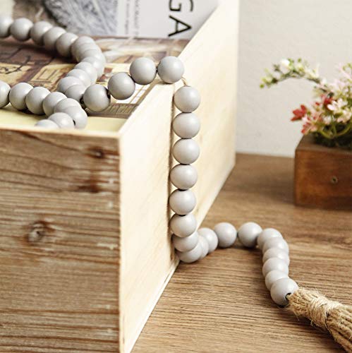 RAMIRABI 58in Wood Bead Garland with Tassels, Farmhouse Rustic Country Decor Prayer Boho Wall Hanging Decoration (Gray) - Image 4