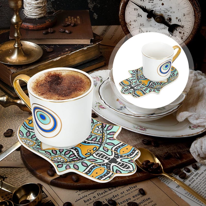 مجموعة فناجين قهوة وصحون يارنو بتصميم العين الحاسدة وكف الخمسة، فناجين شاي وصحون ملكية، فناجين قهوة تركية وعربية ويونانية، سعة 200 مل، مناسبة للمقهى والمنزل والمطبخ. - Image 3