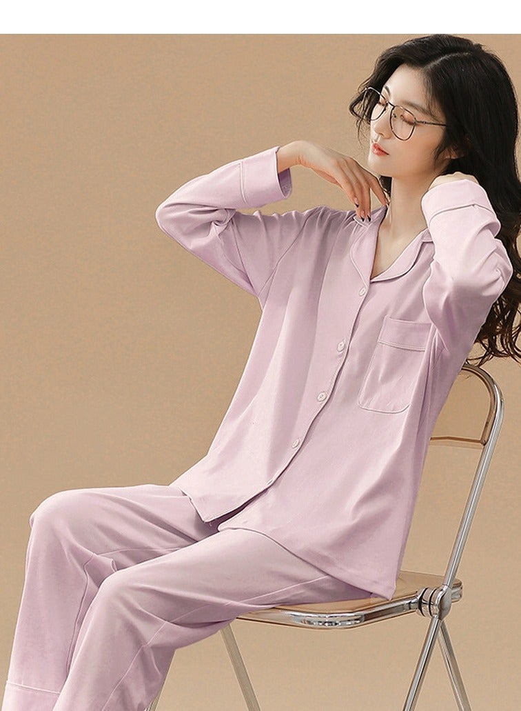 Loquat Women's Skin-Friendly 2-Piece Set Leisure Nightgown Sleepwear Long Sleeve Lapel Top And Pants Soft Loungewear Wear Pajamas Suit Light Purple 